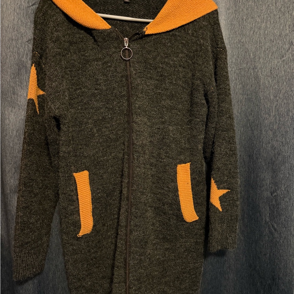 Grey and Yellow Hooded Sweatshirt with Star Accents.